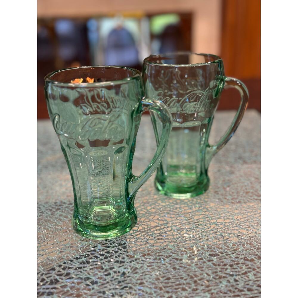 Set of 2 Vintage Libbey Green Coca Cola Heavy Glasses 16oz Mugs With Handles